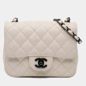 Pre Owned Chanel White Mini Square Classic Crumpled Calfskin Single Flap