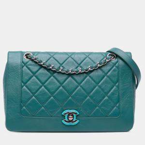 Pre Owned Chanel Blue Medium Crumpled Calfskin Bi Vintage Full Flap