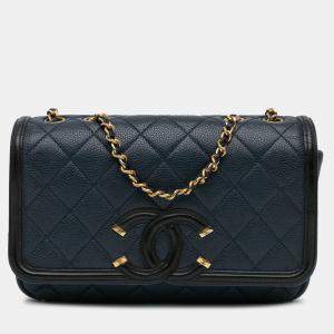 Pre Owned Chanel Blue Small Bicolor Caviar CC Filigree Flap
