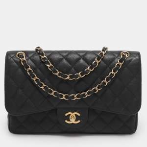 Pre Owned Chanel Black Quilted Caviar Leather Jumbo Classic Double Flap Bag