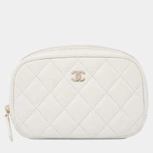 Pre Owned Chanel Matelasse Pouch White Caviar Leather