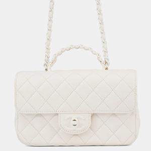 Pre Owned Chanel Matelasse Top Handle Bag White Lambskin Size 20