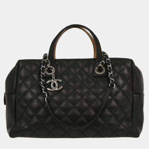 Pre Owned Chanel Black Beige Calfskin Featherweight Bowling Bag