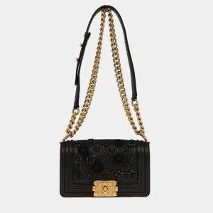 Pre Owned Boy Chanel Black Lambskin Camellia Small Chain Shoulder Bag