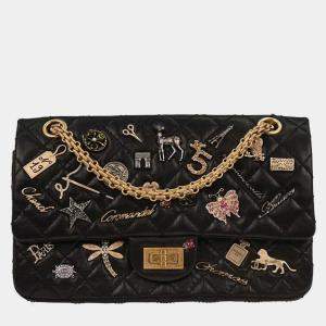 Pre Owned Chanel Black Calfskin 2.55 Lucky Charm Small Classic Double Flap Bag