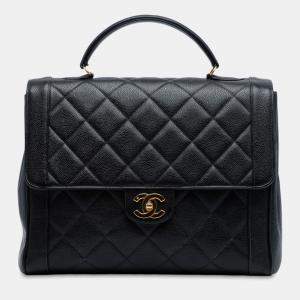 Pre Owned Chanel Black Jumbo CC Quilted Caviar Kelly Top Handle Bag