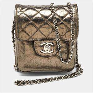 Pre Owned Chanel Metallic Grey Leather Clams Wallet On Chain