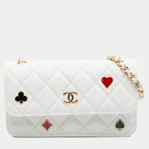 Pre Owned Chanel White Quilted Caviar Coco Casino Phone Holder on Chain