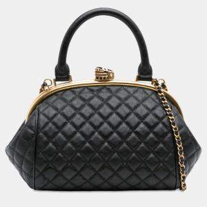 Pre Owned Chanel Black Paris Rome Quilted Calfskin Colosseum Lock Frame Bowling Bag
