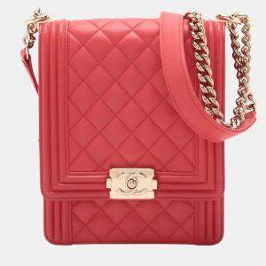 Pre Owned Chanel Red Quilted Lambskin North South Boy Flap