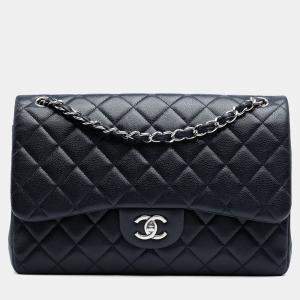 Pre Owned Chanel Navy Blue Jumbo Classic Caviar Double Flap