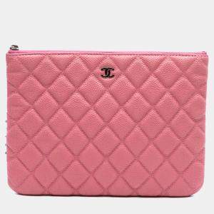 Pre Owned Chanel Pink Small Quilted Caviar O Case Clutch