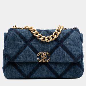 Pre Owned Chanel Blue Large Denim 19 Flap