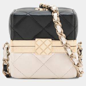 Pre Owned Chanel Black/Cream Bicolor Quilted Lambskin Cube Clutch with Chain