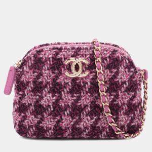 Pre Owned Chanel Pink CC Tweed Houndstooth Clutch On Chain