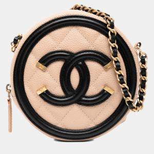 Pre Owned Chanel Beige Caviar CC Filigree Round Crossbody