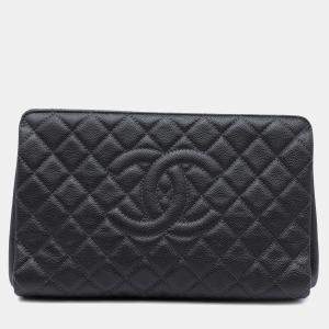 Pre Owned Chanel Black Large CC Quilted Caviar CC Clutch