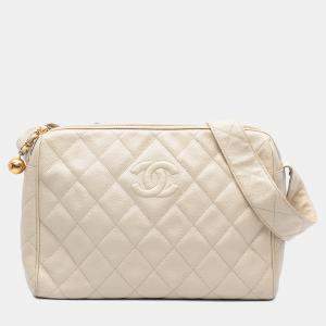 Pre Owned Chanel White CC Quilted Caviar Crossbody