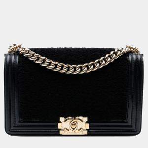 Pre Owned Chanel Black Old Medium Shearling Boy Flap