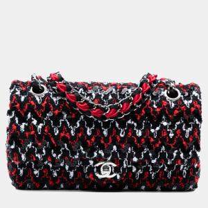 Pre Owned Chanel Black Red Medium Classic Sequined Tweed Double Flap