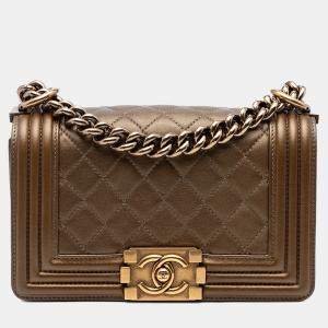 Pre Owned Chanel Brown Small Quilted Metallic Calfskin Boy Flap