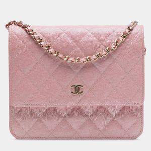 Pre Owned Chanel Pink CC Quilted Iridescent Caviar Wallet on Chain