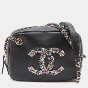 Pre Owned Chanel Black Lambskin Giant Crystal CC Camera Bag
