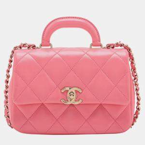 Pre Owned Chanel Pink Mini Quilted Shiny Lambskin Coco Trip Flap