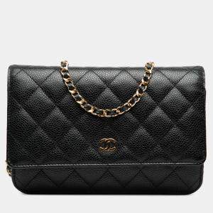 Pre Owned Chanel Black CC Quilted Caviar Wallet on Chain