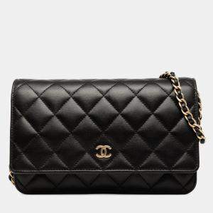 Pre Owned Chanel Black CC Quilted Lambskin Wallet On Chain