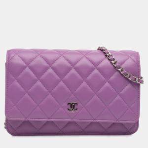 Pre Owned Chanel Purple CC Quilted Lambskin Wallet on Chain
