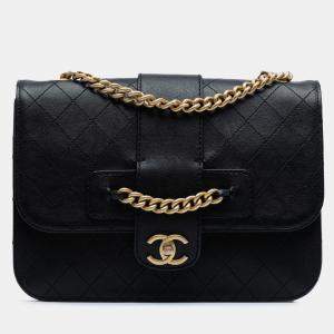 Pre Owned Chanel Black Large Quilted Sheepskin Front Chain Flap