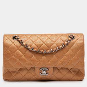 Pre Owned Chanel Brown Medium Classic Metallic Caviar Double Flap