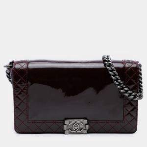 Pre Owned Chanel Burgundy Medium Patent Boy Reverso Flap