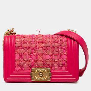 Pre Owned Chanel Pink Mini Tweed and Lambskin Boy Flap