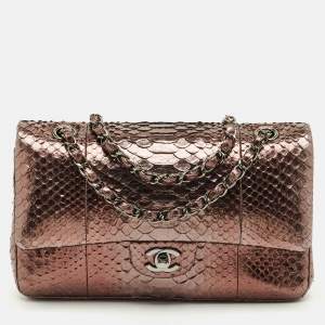 Pre Owned Chanel Metallic Python Medium Classic Double Flap Bag