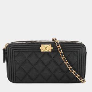Pre Owned Chanel Black Small Quilted Caviar Boy Clutch With Chain