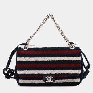 Pre Owned Chanel Multicolor Jumbo Stripe Jersey Felt and Rope Flap