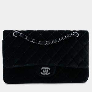 Pre Owned Chanel Black Medium Classic Velvet Double Flap