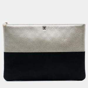 Pre Owned Chanel Black Gold Medium Bicolor Caviar and Iridescent Calfskin O Case Clutch