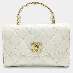 Pre Owned Chanel White Leather Top Handle Mini Crossbody Bag