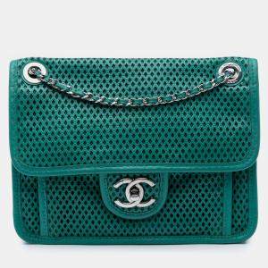 Pre Owned Chanel Green Small Perforated Calfskin Up In The Air Flap