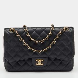 Pre Owned Chanel Black Quilted Caviar Leather Jumbo Classic Double Flap Bag