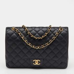 Pre Owned Chanel Black Quilted Leather Maxi Classic Double Flap Bag