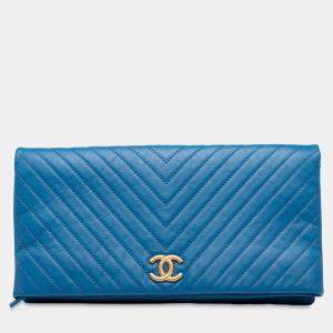 Pre Owned Chanel Blue CC Chevron Lambskin Fold Over Clutch