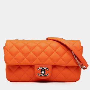 Pre Owned Chanel Orange Medium Quilted Lambskin Rubber Coco Rain Flap