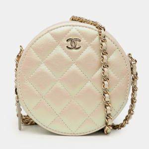Pre Owned Chanel White Iridescent Quilted Lambskin Round Clutch With Chain