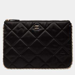 Pre Owned Chanel Black CC Quilted Satin Chain Around Clutch