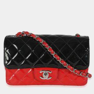 Pre Owned Chanel Red Black Quilted Patent Bi-Color Mini Rectangular Flap Bag