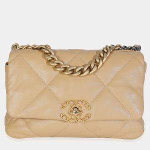 Pre Owned Chanel Beige Quilted Lambskin Chanel 19 Flap Bag